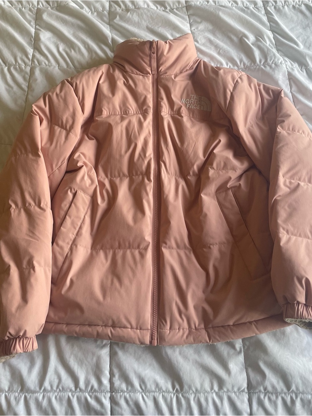The North Face Blush Pink Reversible Insulated Puffer Fleece Jacket